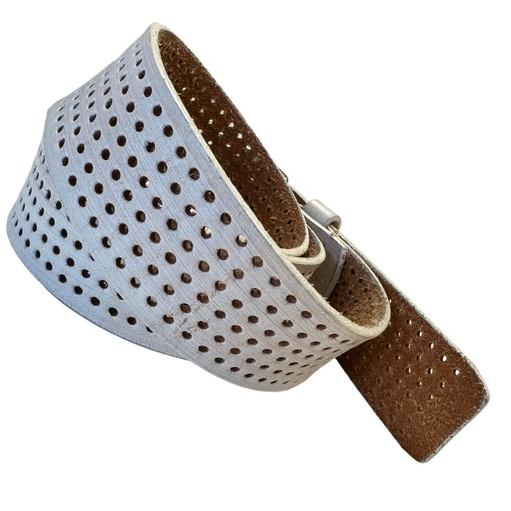 Vintage Y2K White Antiqued Punched Leather Belt